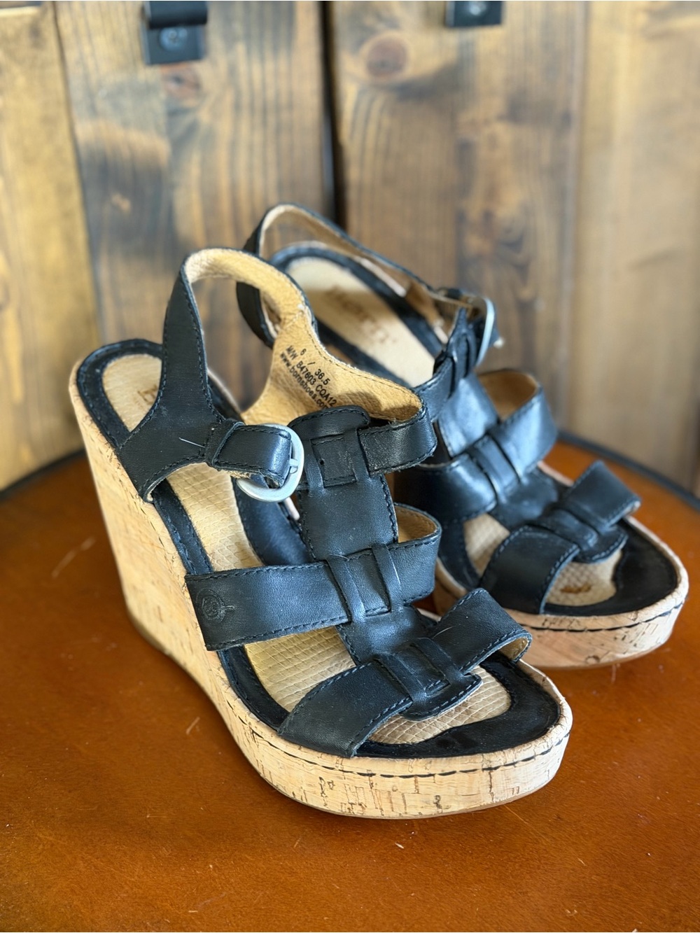 Born Black Leather Cork Wedge Slingback Sandals